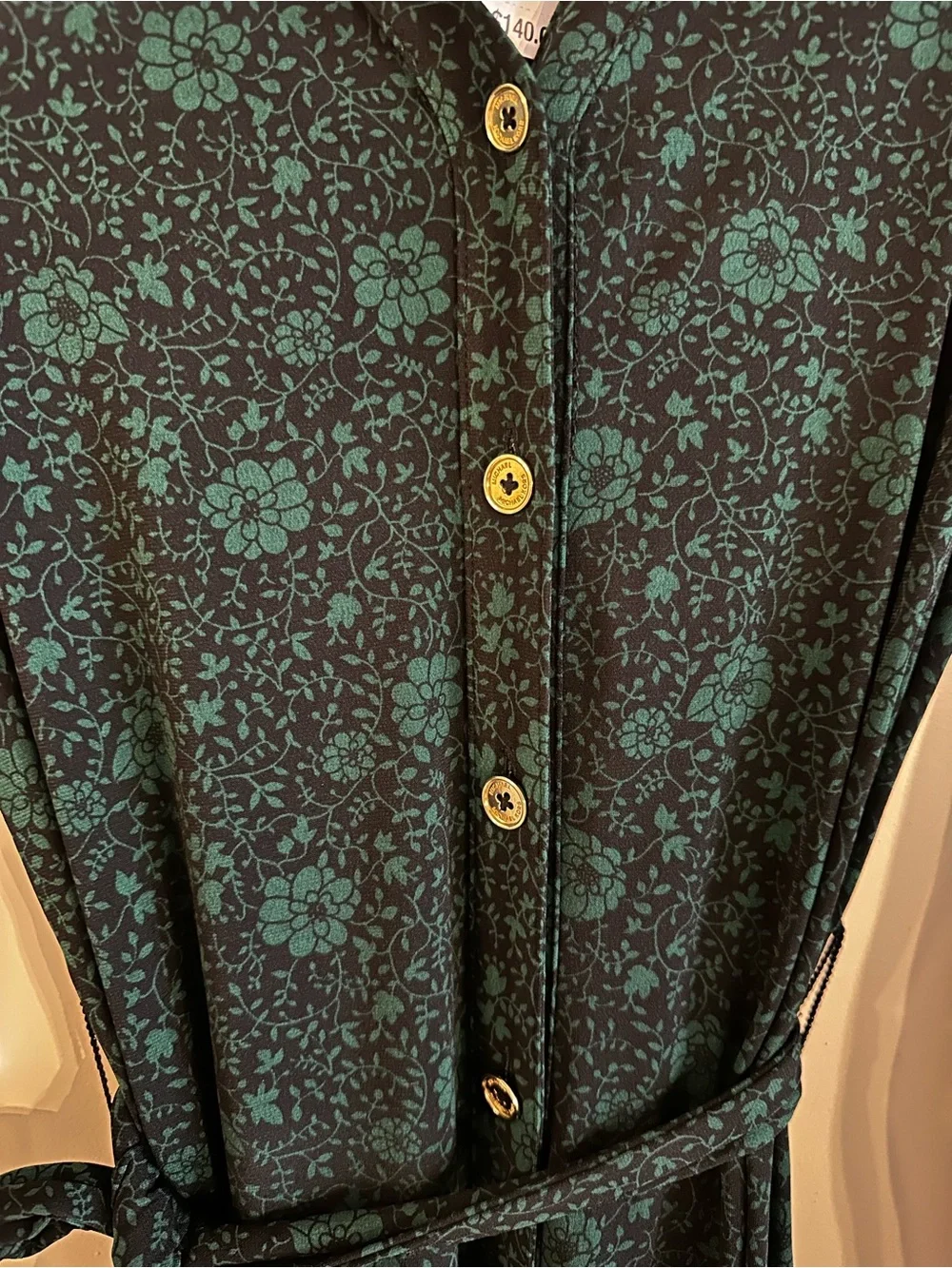 Michael Kors Dark Green Floral Button-Front Long Sleeve Dress